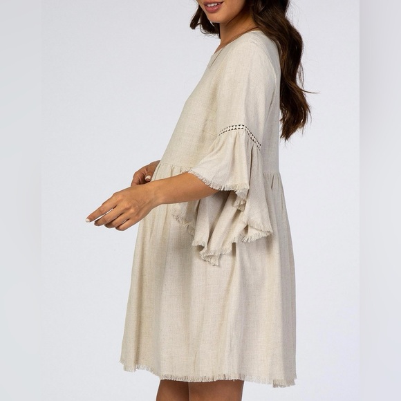 PINKBLUSH Beige Raw Edge Bell Sleeve Babydoll Maternity Dress Size Medium - Picture 5 of 10